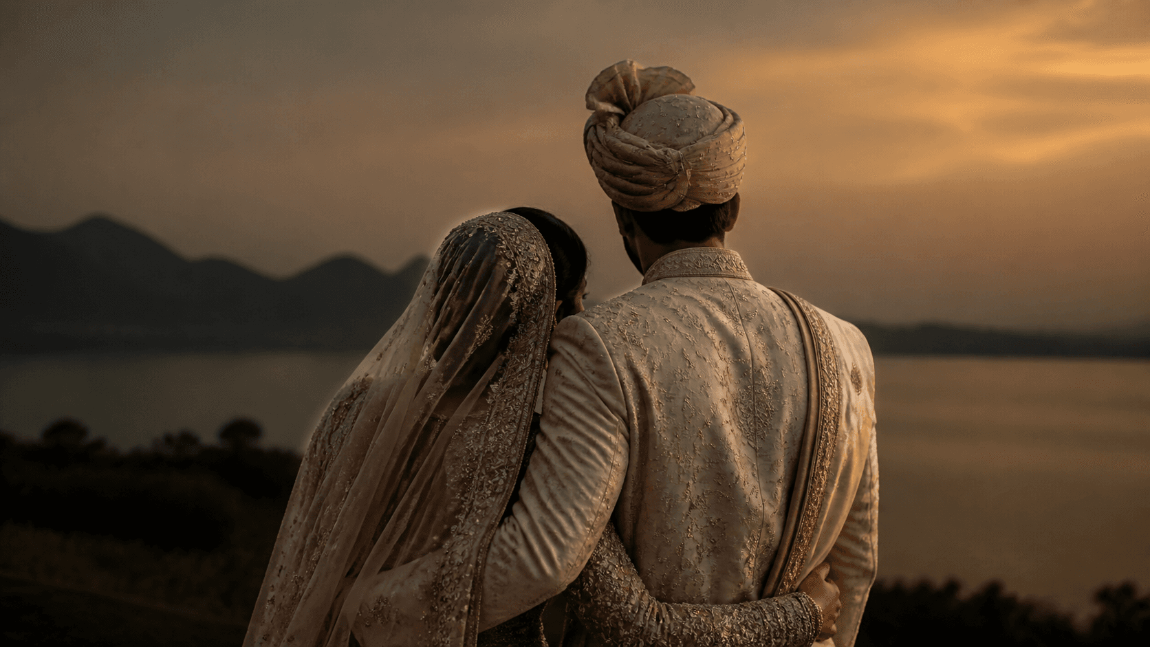 A newly married couple together at sunset